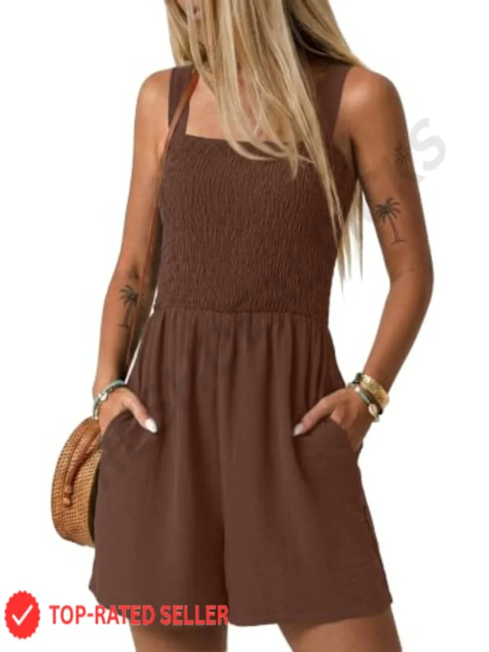 Womens Smocked Square Neck Romper with Pockets Beach Vacation